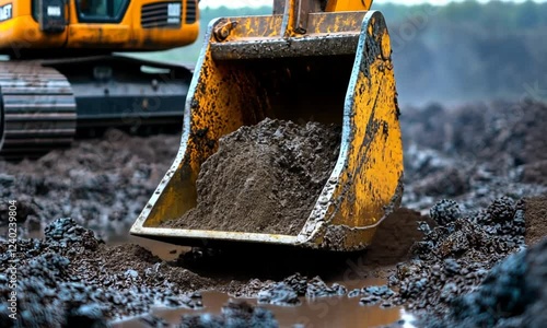 Excavator Bucket Digging into Muddy Ground at Construction Site photo