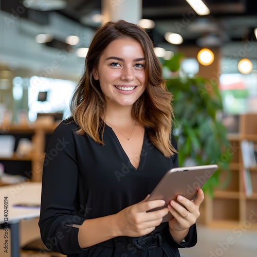 Smiling woman holding tablet, modern office, bookshelf background, corporate portrait