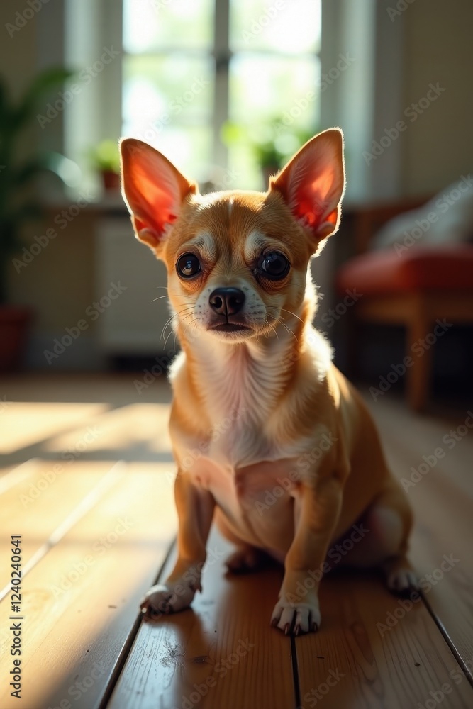 A small, adorable chihuahua puppy sits patiently on a warm, sunlit wooden floor, its endearing gaze captivating the viewer. A small, adorable chihuahua puppy sits patiently on a warm, sunlit wooden floor, its endearing gaze captivating the viewer.