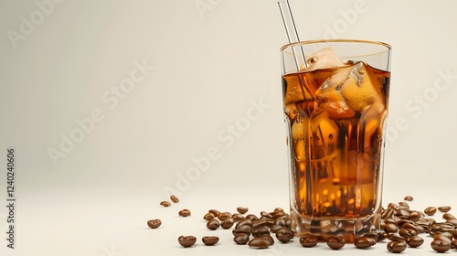 A photo-realistic image of a clear glass of iced coffee with a straw, and coffee beans scattered, with a white background photo