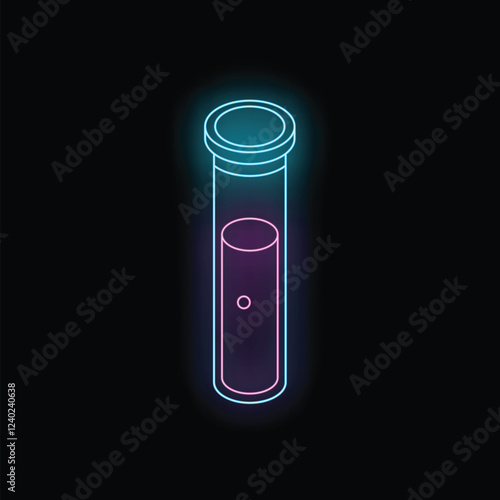 Neon test tube glowing on a dark background, representing chemical experiments and scientific discoveries