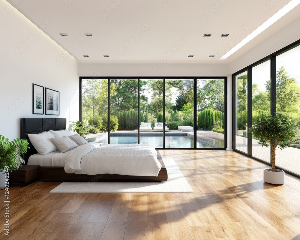 Fototapeta premium Modern bedroom with large windows and greenery.