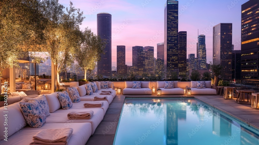 Fototapeta premium Cozy yet elegant rooftop poolside area with plush cushions, ambient lighting, and a breathtaking panoramic city view at dusk.