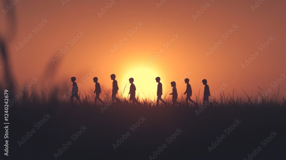 Children walking sunset field silhouette hope Children walking sunset field silhouette hope