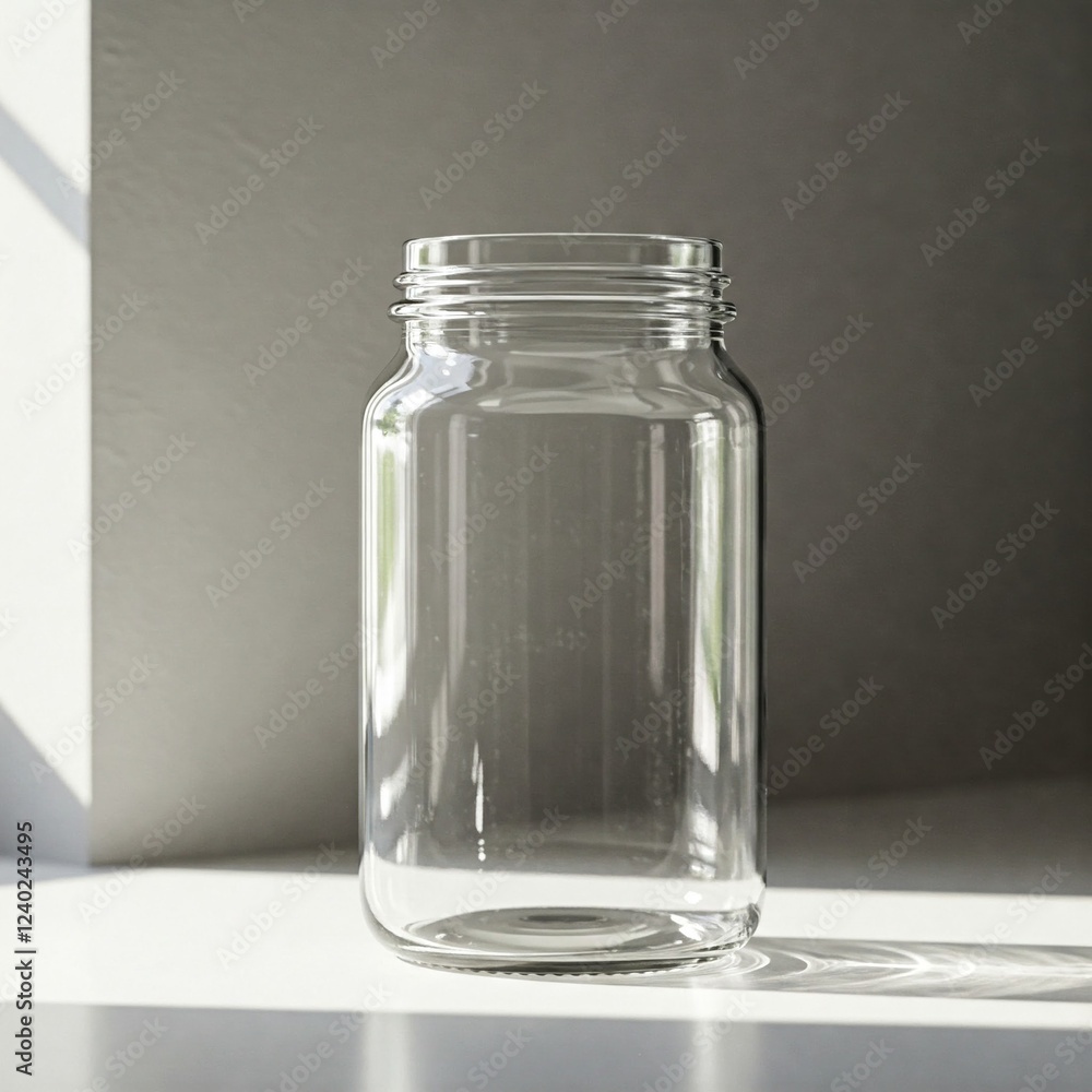 A clear glass jar standing on a white surface, subtle reflections, and natural light. A clear glass jar standing on a white surface, subtle reflections, and natural light.