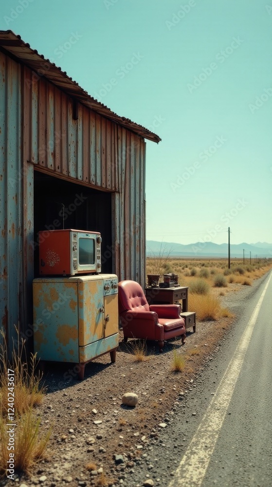 Obraz premium Rustic roadside display of vintage furniture and electronics beside weathered metal shed under a clear sky
