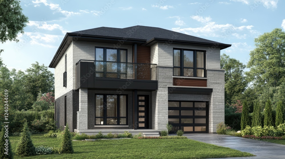 3D rendering of a two-story house with a black and white color theme. The exterior wall is made from dark brown wood and light gray concrete material, with large windows on the front facade 3D rendering of a two-story house with a black and white color theme. The exterior wall is made from dark brown wood and light gray concrete material, with large windows on the front facade