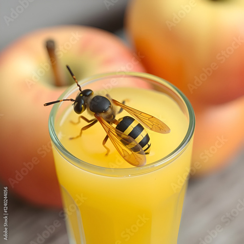 Wasp (Vespula germanica) in a drinking glass with apple juice in late summer, for some people the sting can lead to allergic reactions, copy space, selected focus, photo