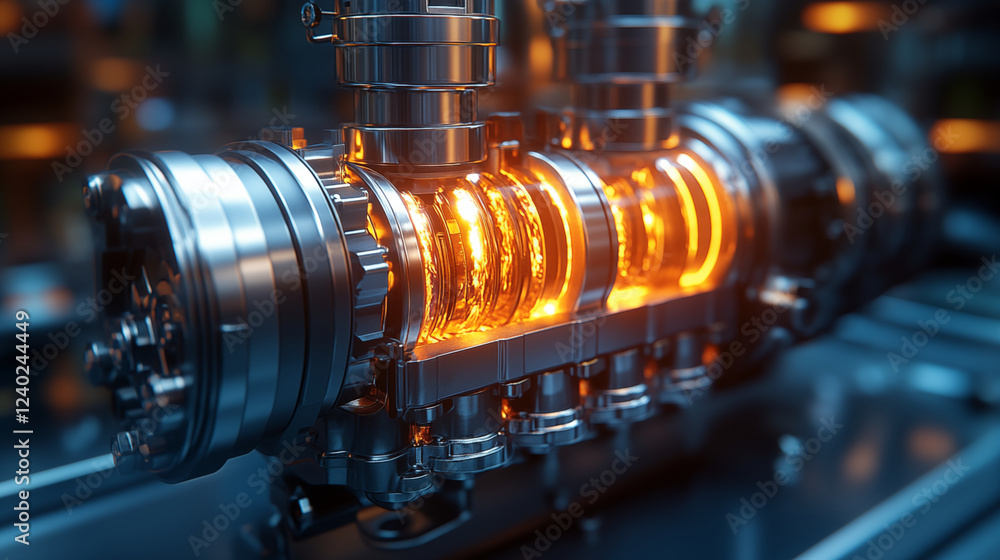 Industrial mechanical system with glowing hot core component, demonstrating advanced engineering technology in manufacturing process Industrial mechanical system with glowing hot core component, demonstrating advanced engineering technology in manufacturing process