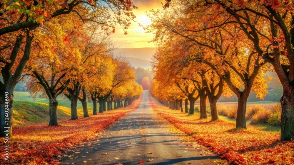 Fototapeta premium Golden Autumn Road A Picturesque Pathway Lined with Vibrant Trees and a Carpet of Fallen Leaves Under the Warm Glow of the Setting Sun