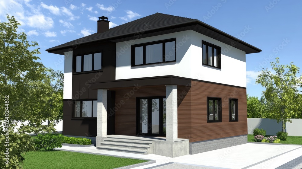 3D rendering of a two-story house with a black and white color theme. The exterior wall is made from dark brown wood and light gray concrete material, with large windows on the front facade 3D rendering of a two-story house with a black and white color theme. The exterior wall is made from dark brown wood and light gray concrete material, with large windows on the front facade