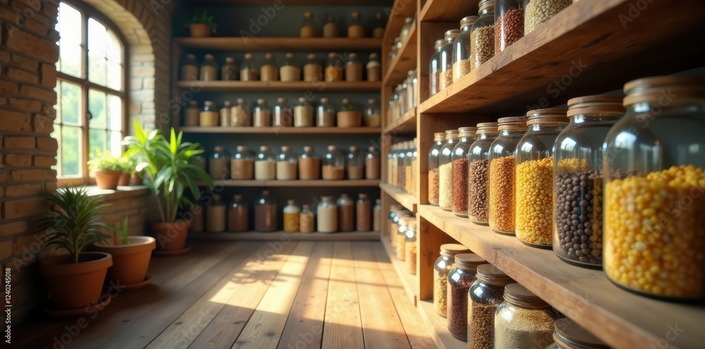 Sunlit Pantry Filled with Glass Jars of Dried Goods and Healthy Ingredients Sunlit Pantry Filled with Glass Jars of Dried Goods and Healthy Ingredients