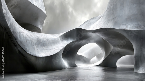 Abstract concrete structure, moody sky, reflective floor, architectural design