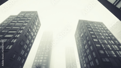 Foggy city skyscrapers, low angle view, urban landscape, architecture photography