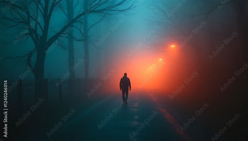 Fototapeta premium A Man A Mysterious, Dramatic And Warmly Colored Scene A Misty, Foggy Road