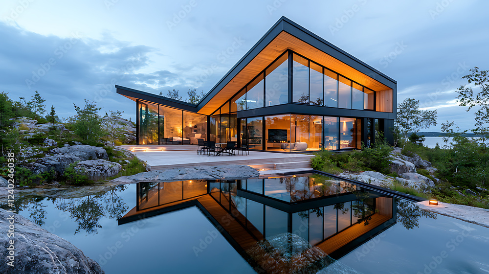Tranquil lake reflection modern dream house serene retreat natural landscape exterior view peaceful aesthetic design Tranquil lake reflection modern dream house serene retreat natural landscape exterior view peaceful aesthetic design