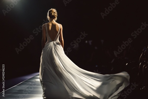 Elegant model walks the runway in a flowing evening gown during fashion week ...