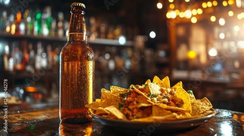 Enjoying crispy nachos and a cold beverage at a cozy restaurant in the evening
