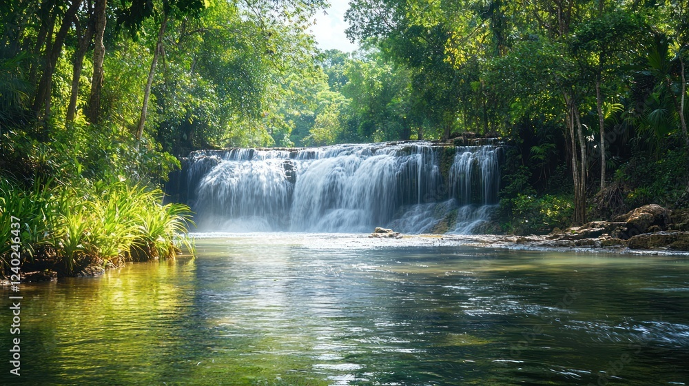A wide view of a tropical waterfall flowing into a tranquil river, with tropical plants growing along the riverbank. A wide view of a tropical waterfall flowing into a tranquil river, with tropical plants growing along the riverbank.