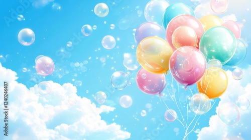 Colorful balloons and bubbles floating against a clear blue sky during a fest...