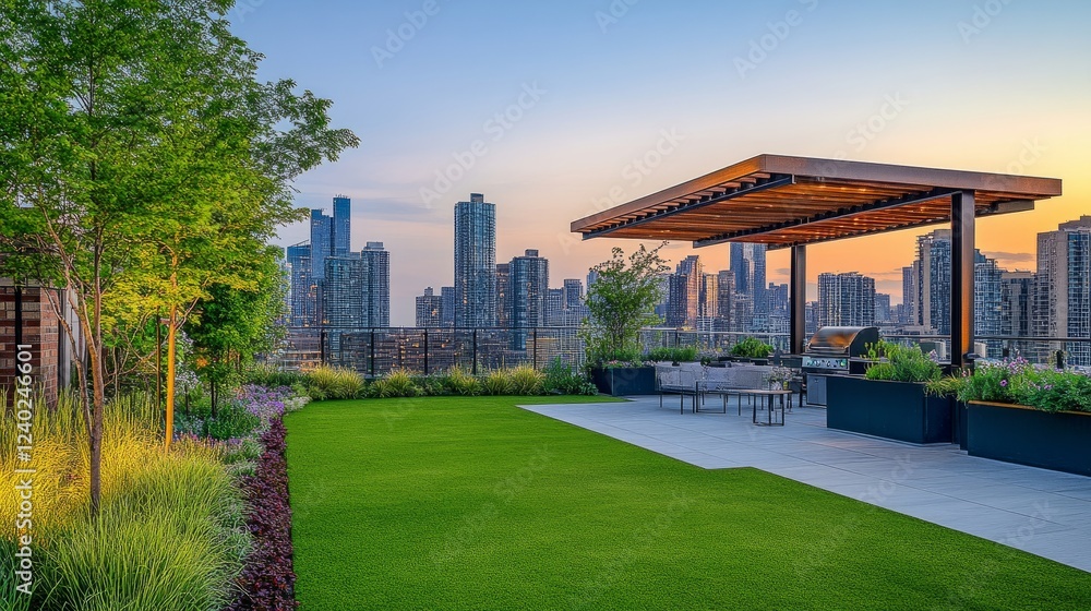 High-rise rooftop garden with an open green lawn, stylish pergolas, and a breathtaking view of the cityscape. High-rise rooftop garden with an open green lawn, stylish pergolas, and a breathtaking view of the cityscape.
