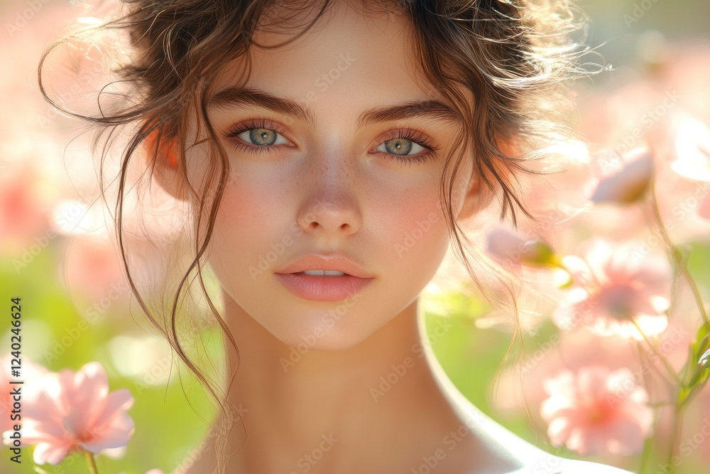 Fototapeta premium Young woman among blooming flowers with soft sunlight