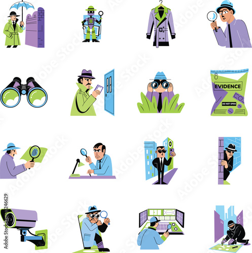 Collection of Flat Style Detective Illustrations 
