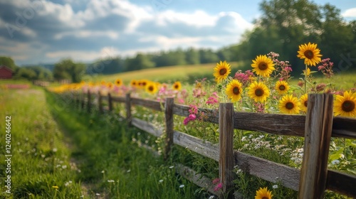 Colorful flowers blooming along a blue wooden fence under a bright sky