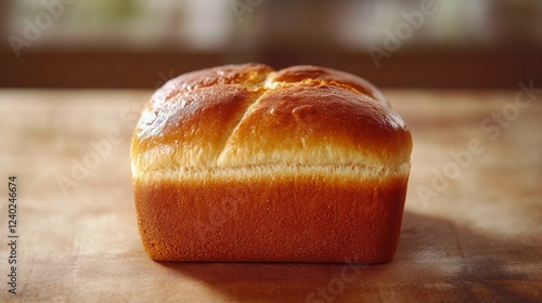 Freshly baked round bread loaf on wooden surface with soft lighting in kitchen