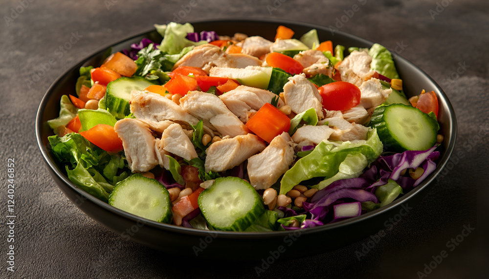 Healthy salad with chicken, tomatoes, cucumber, lettuce, carrot, celery, red cabbage and mung bean on dark background. Proper nutrition. Dietary menu. Flat lay. Top view Healthy salad with chicken, tomatoes, cucumber, lettuce, carrot, celery, red cabbage and mung bean on dark background. Proper nutrition. Dietary menu. Flat lay. Top view