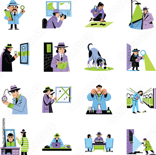 Bundle of Flat Style Detective Characters Illustrations 

