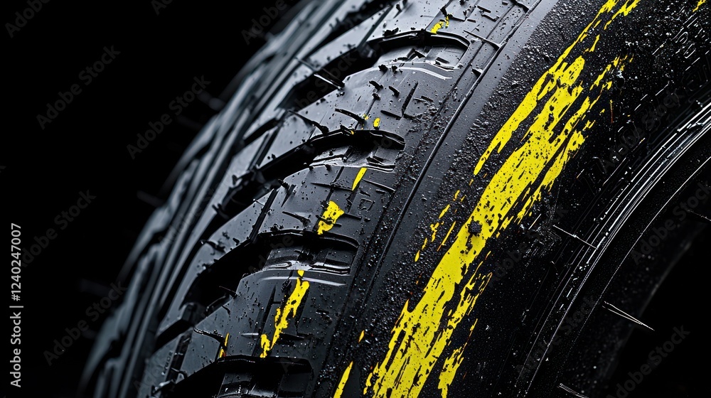 Obraz premium Close-up of Black Tire with Yellow Paint Splatter