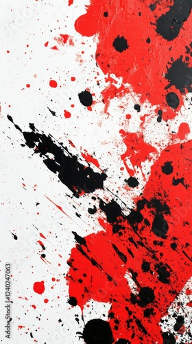 Bold red and black paint splashes creating an abstract art composition on whi...