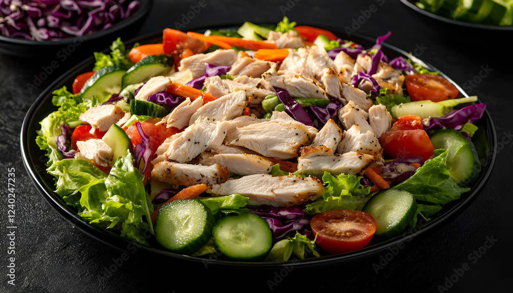 Healthy salad with chicken, tomatoes, cucumber, lettuce, carrot, celery, red cabbage and mung bean on dark background. Proper nutrition. Dietary menu. Flat lay. Top view Healthy salad with chicken, tomatoes, cucumber, lettuce, carrot, celery, red cabbage and mung bean on dark background. Proper nutrition. Dietary menu. Flat lay. Top view