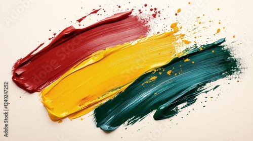 Colorful brush strokes blending red, yellow, and green tones on a textured su...