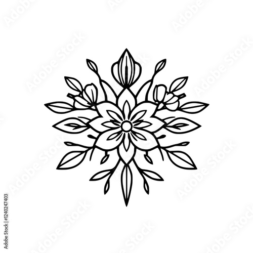 Elegant Black and White Floral Mandala Line Art Design. Botanical Illustration, Flower Drawing, Nature-Inspired Symmetrical Pattern, Perfect for Decoration and Prints.