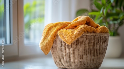 Cozy knitted blankets arranged in a wicker basket in a warm living room setting