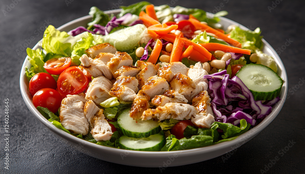Healthy salad with chicken, tomatoes, cucumber, lettuce, carrot, celery, red cabbage and mung bean on dark background. Proper nutrition. Dietary menu. Flat lay. Top view Healthy salad with chicken, tomatoes, cucumber, lettuce, carrot, celery, red cabbage and mung bean on dark background. Proper nutrition. Dietary menu. Flat lay. Top view