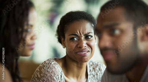 A wife looking discontented as she sees her husband laughing with a female friend.