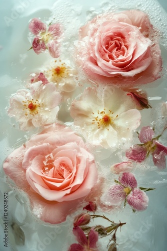 Soft pink roses and delicate flowers floating in a tranquil bath setting