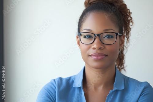 Woman with glasses poses thoughtfully outdoors in a casual blue shirt amid gr...