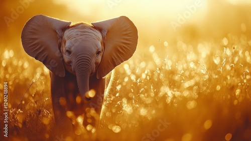 Baby elephant walking through golden grass during sunset at a wildlife reserv...