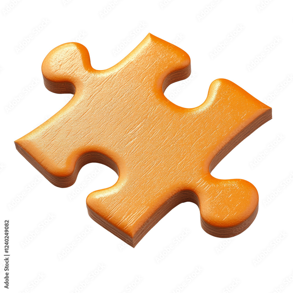 Obraz premium A single orange wooden puzzle piece is shown against a black background. It appears thick and three-dimensional.
