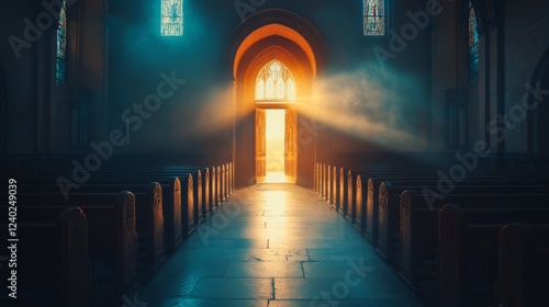 Warm sunlight streams through an old doorway illuminating a rustic space with...