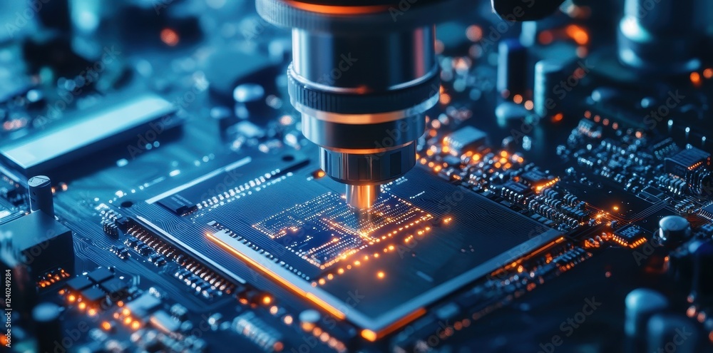 A detailed view of a circuit board under bright lighting, showcasing intricate pathways and components. A detailed view of a circuit board under bright lighting, showcasing intricate pathways and components.