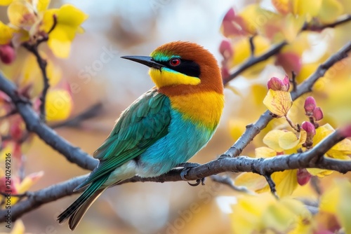 Vibrant macaw perched on a branch among lush tropical foliage in a wildlife h...
