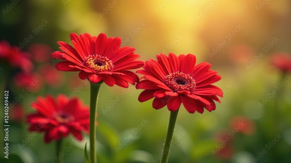 Vibrant Red Gerbera Daisies in a Soft-Focus Garden Setting at Golden Hour Vibrant Red Gerbera Daisies in a Soft-Focus Garden Setting at Golden Hour