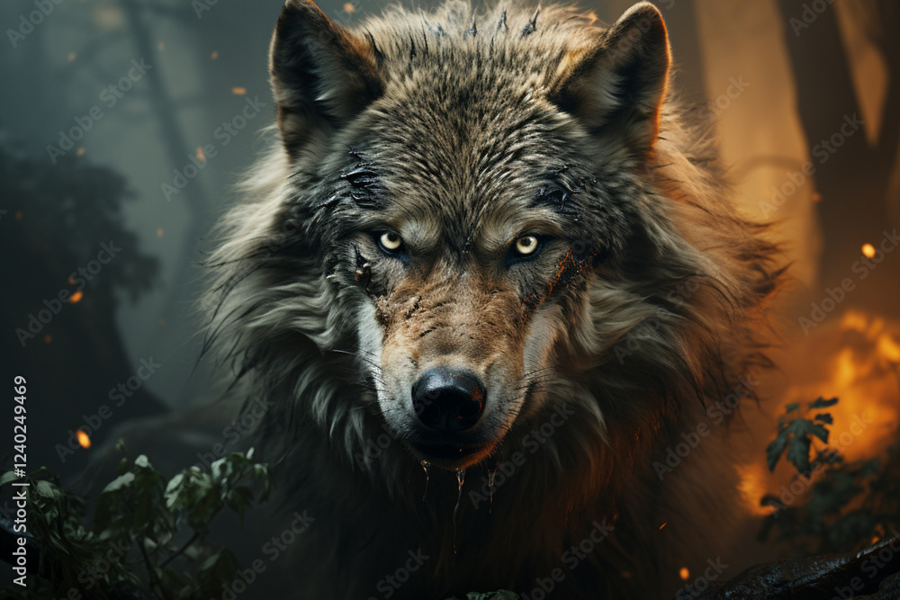 huge wolf coming out of the forest, portrait,.Generative AI huge wolf coming out of the forest, portrait,.Generative AI