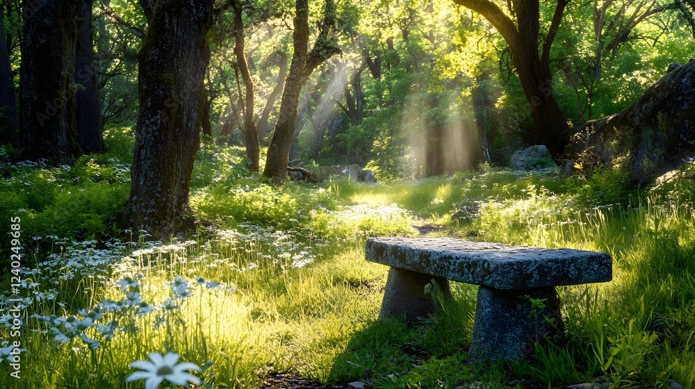 Serene garden scene, peaceful forest setting with sunlight filtering through trees, perfect for relaxation or meditation. Serene garden scene, peaceful forest setting with sunlight filtering through trees, perfect for relaxation or meditation.