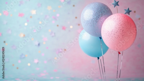 Colorful balloons with glitter and stars for a festive celebration backdrop